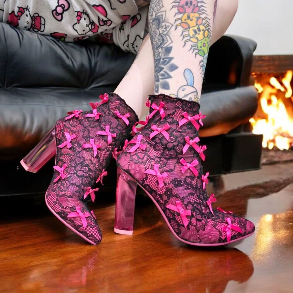 Sugar Thrillz Pink and Black Lace Bow Ankle Heels